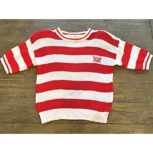Margules Vintage Red White Striped Short Sleeve Sweater Crest Shoulder Pads S